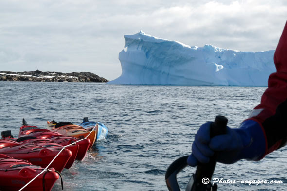 Kayaks dragged by a zodiac in Antarctica