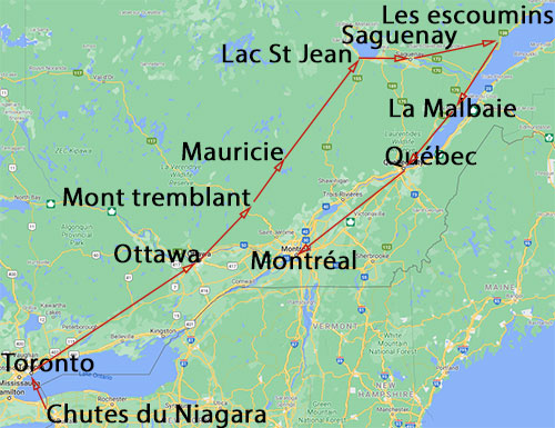 Carte avec itinéraire de notre voyage au Canada