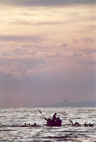 paysage empourpré du crépuscule et bateau de pêcheur