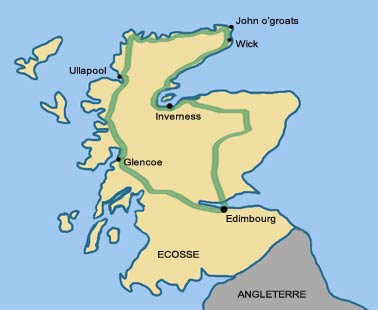 Carte avec itinéraire de notre voyage en Ecosse