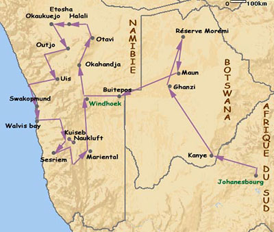 Map of our trip to Namibia and Botswana