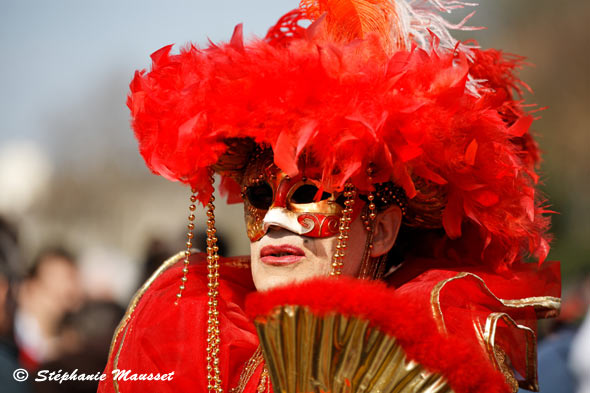 Paris Venetian carnival man costume with red feathers