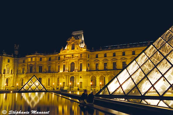Night shot of the Louvre glass pyramid