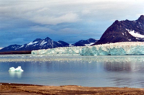 Polar landscape glacier, ice blocks and sea