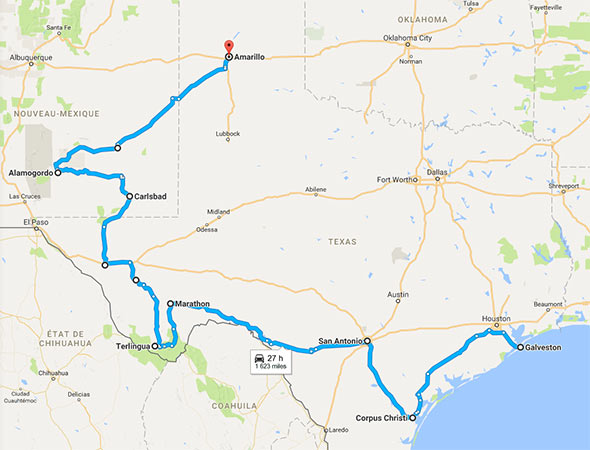 Texas - Carte et étapes de notre voyage
